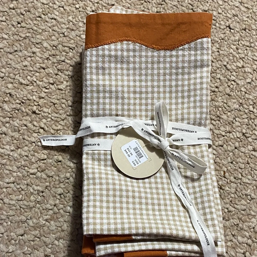 Anthropology cloth 18x18 size napkins burnt orange border , checkered inside NWT